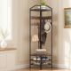  Corner Hall Tree, Industrial 4-Tier Coat Rack with Shoe Storage, 8 Movable Hooks and 2 Shelves for Hallway, RusticBrown