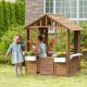  Kids Wooden Playhouse, Outdoor Garden Games Cottage with Flowers Pot Holder, Working Door, Windows,Brown