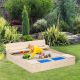  Kids Wooden Sandbox w/ Two Plastic Boxes Foldable Bench Seat Waterproof Cover Bottom Liner Storage Space